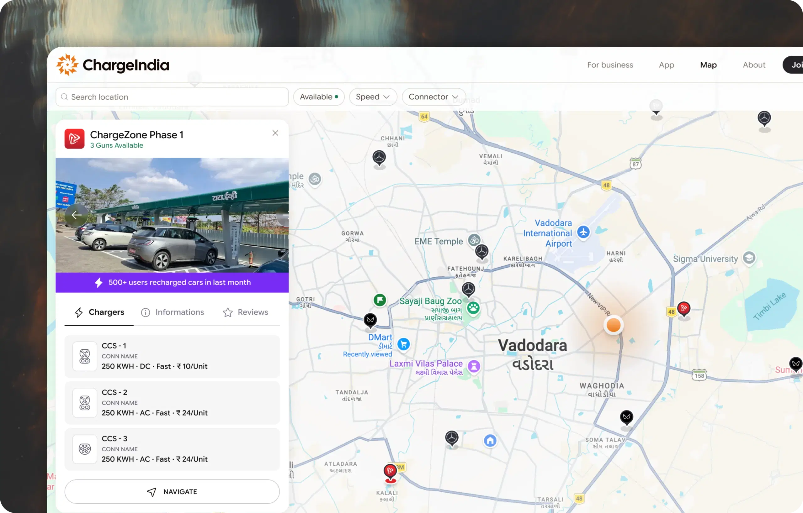 ChargeIndia map showing nearby charging stations