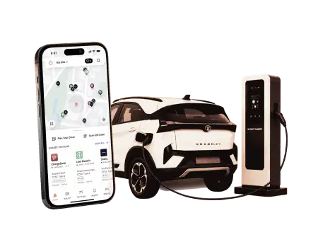 ChargeIndia app beside an electric car and a public charger