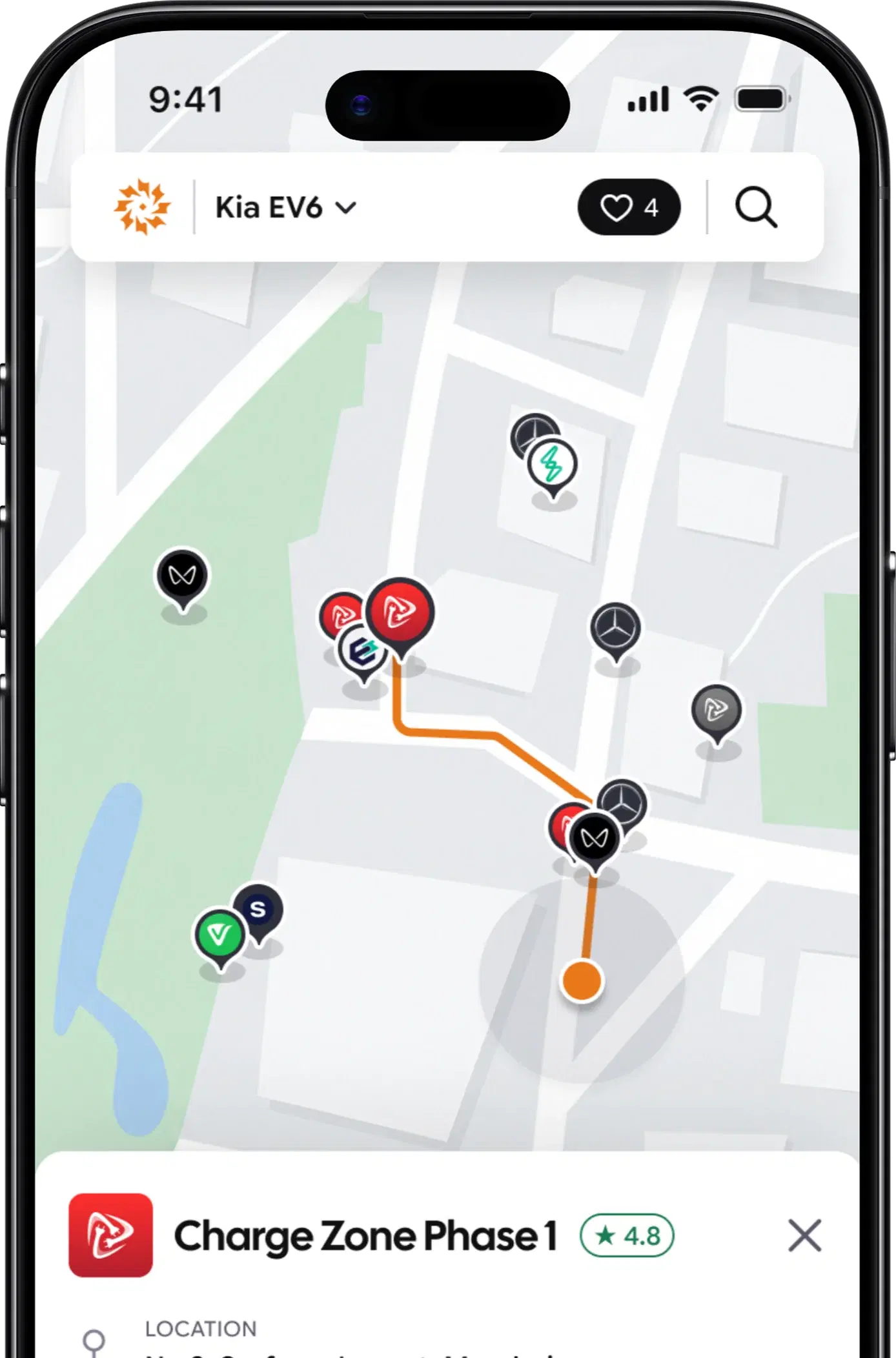 Nearby chargers map with a route to Charge Zone Phase 1