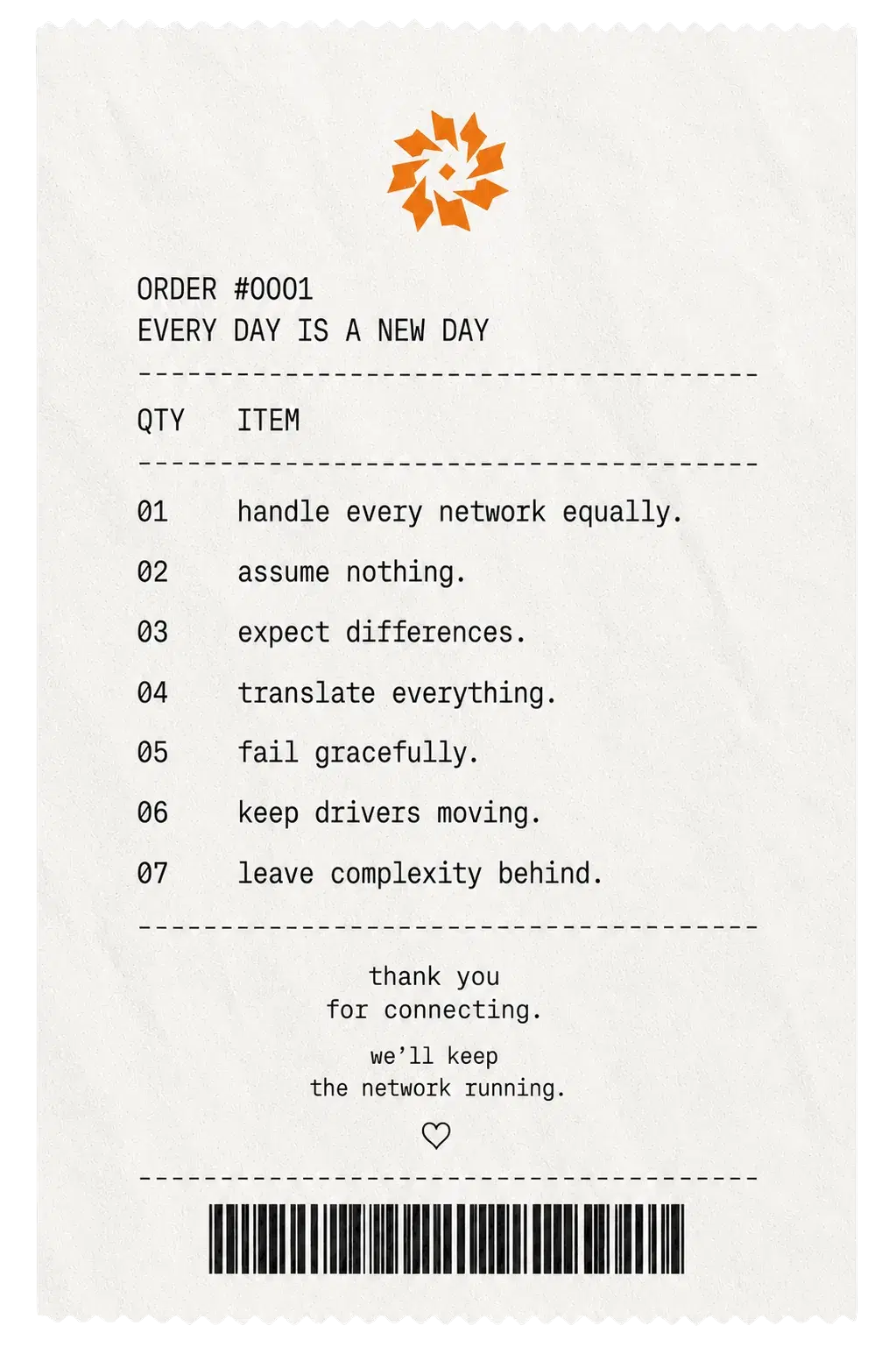 Receipt listing ChargeIndia's operating principles