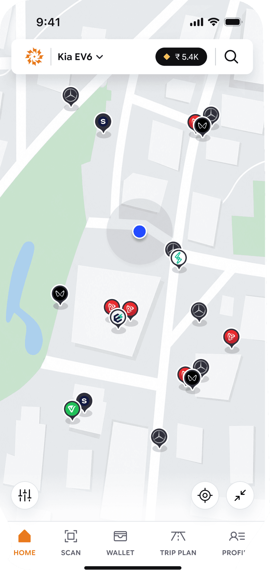 ChargeIndia app showing a map of nearby EV chargers across networks