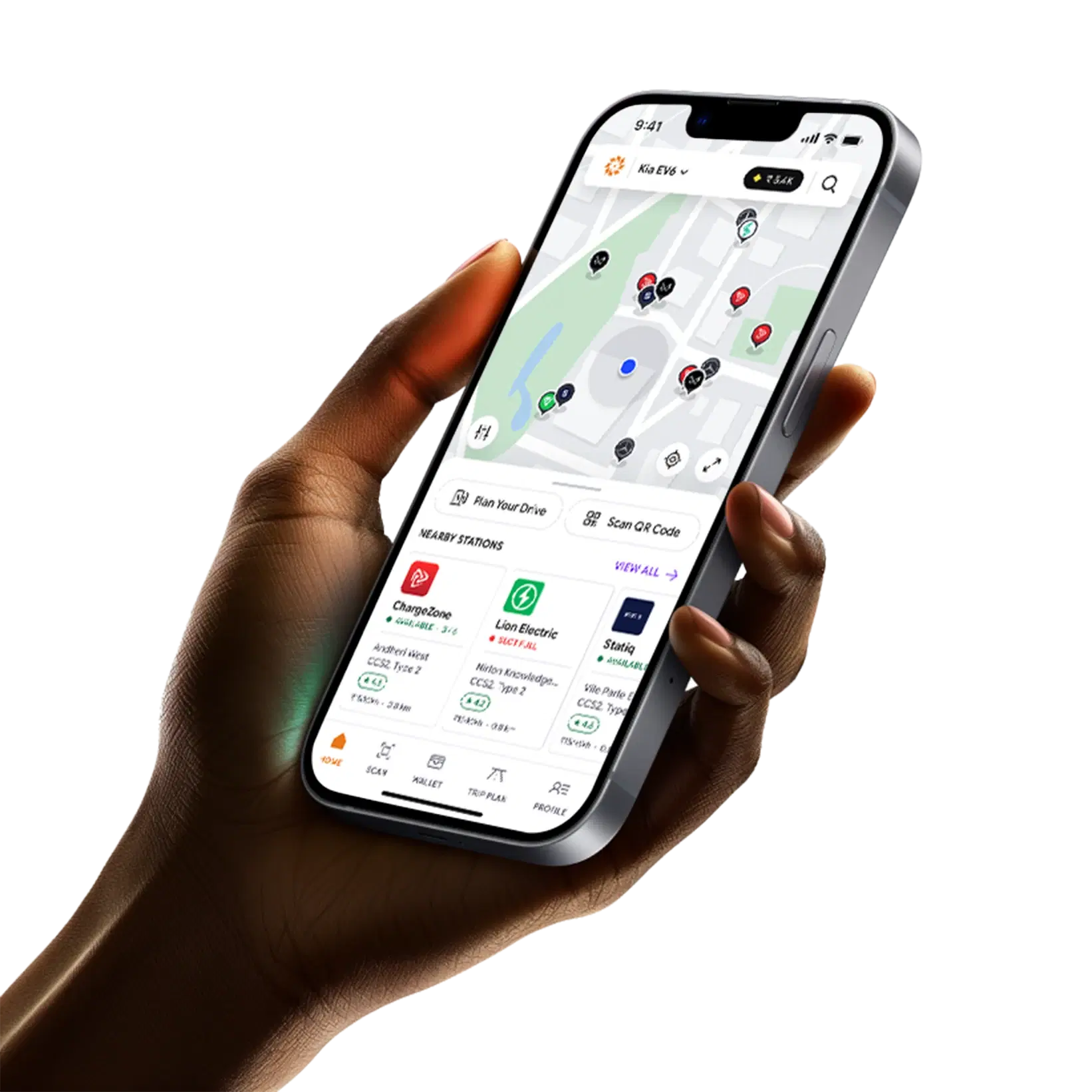 ChargeIndia app screens showing live charger map, payment, and trip planner